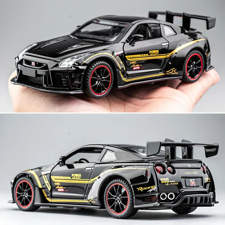Premium 1:32 scale diecast model of the iconic Skyline R34 and R35 sports car, featuring detailed construction, interactive elements, and authentic design.