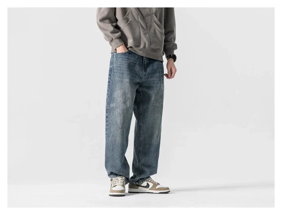 Autumn New Retro Loose Jeans in dark blue colour with straight-leg silhouette and premium cotton fabric