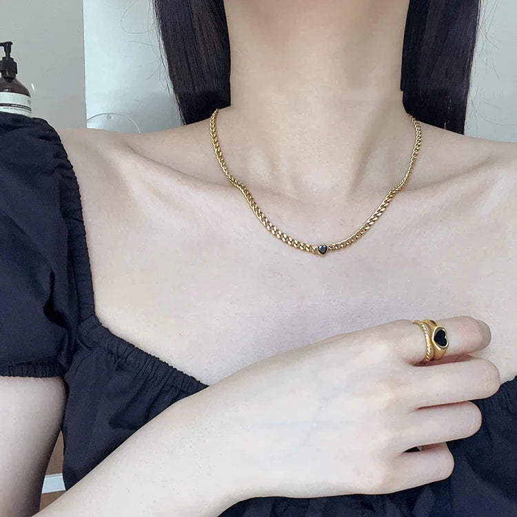 Gold Plated Collarbone Necklace with Delicate Black Chain - A Sophisticated Accessory for the Modern British Woman