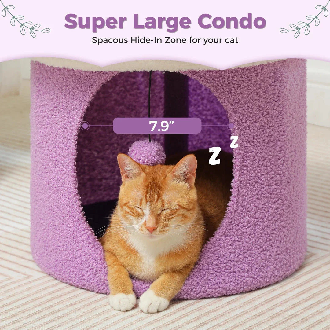 Luxurious double-decker cat bed with charming flower-shaped perch and interactive toy, made with soft corduroy fabric for maximum comfort.