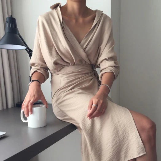 Irregular wrap dress in beige with a unique, contemporary design and premium cotton blend fabric