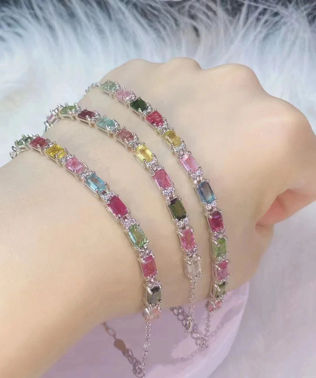 12-piece natural tourmaline bracelet with a geometric design and fire-like colours