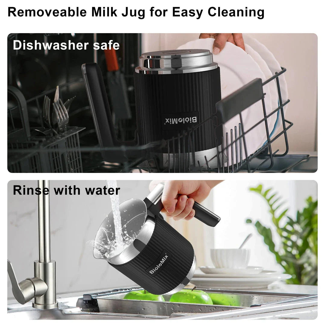 A stainless steel and black 5-in-1 automatic milk frother that can create hot, cold, and frothed milk for delicious coffee, latte, cappuccino, and hot chocolate drinks