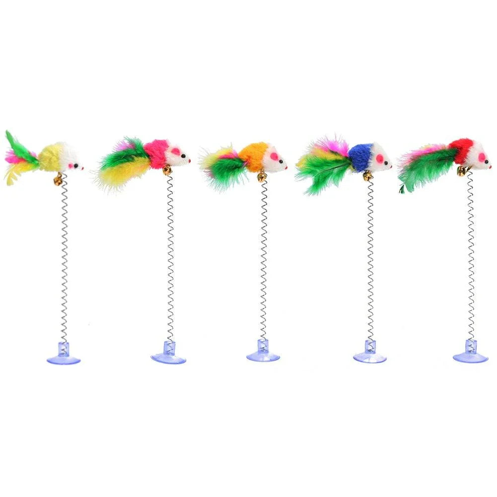 Colourful toy mouse set with 5 plush mice in various bright colours for cat playtime