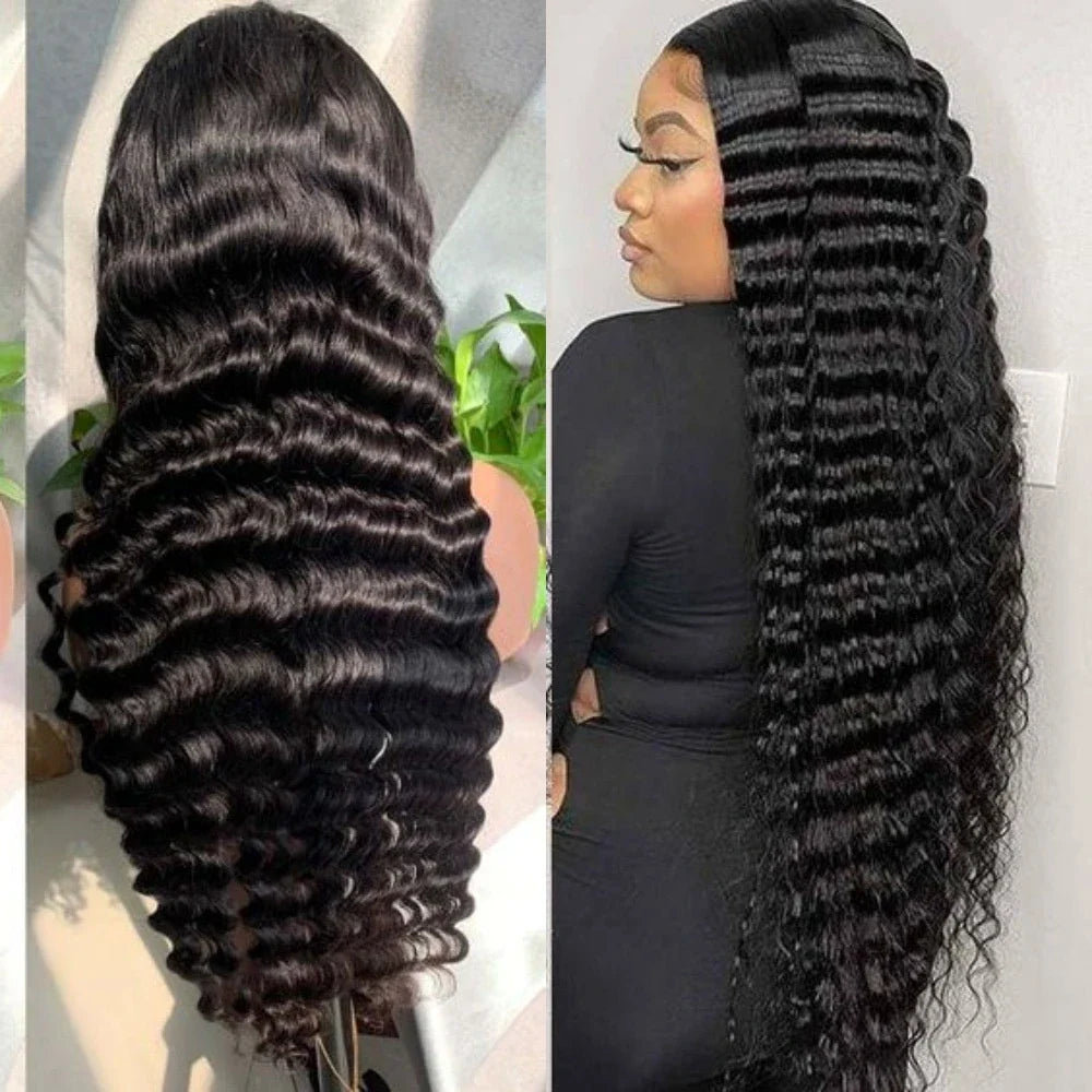 Luxurious deep wavy human hair wig with natural lace construction, available in various lengths for a customized, elegant look.