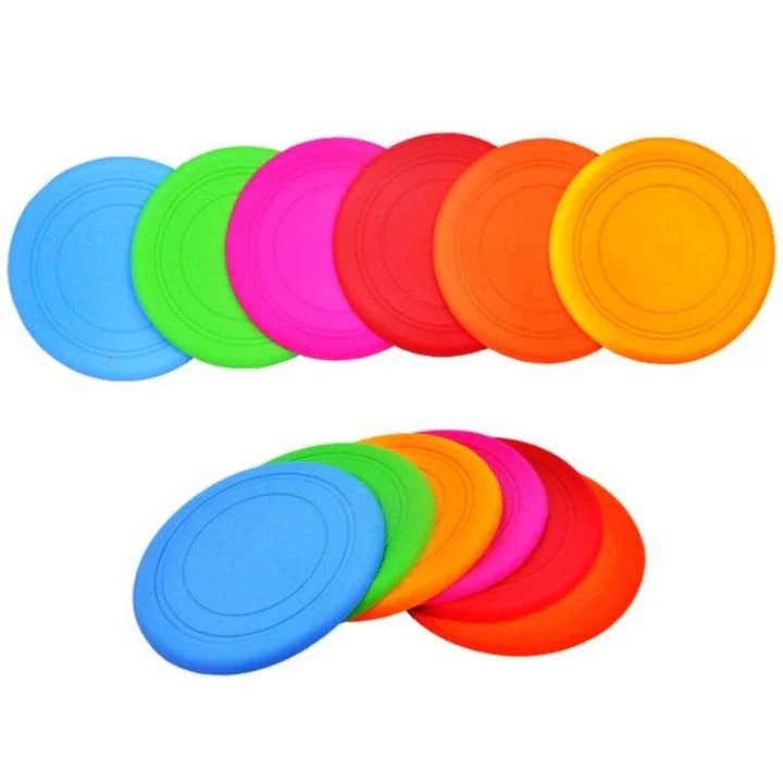 Colourful silicone frisbee dog toy with flexible, durable construction for energetic playtime