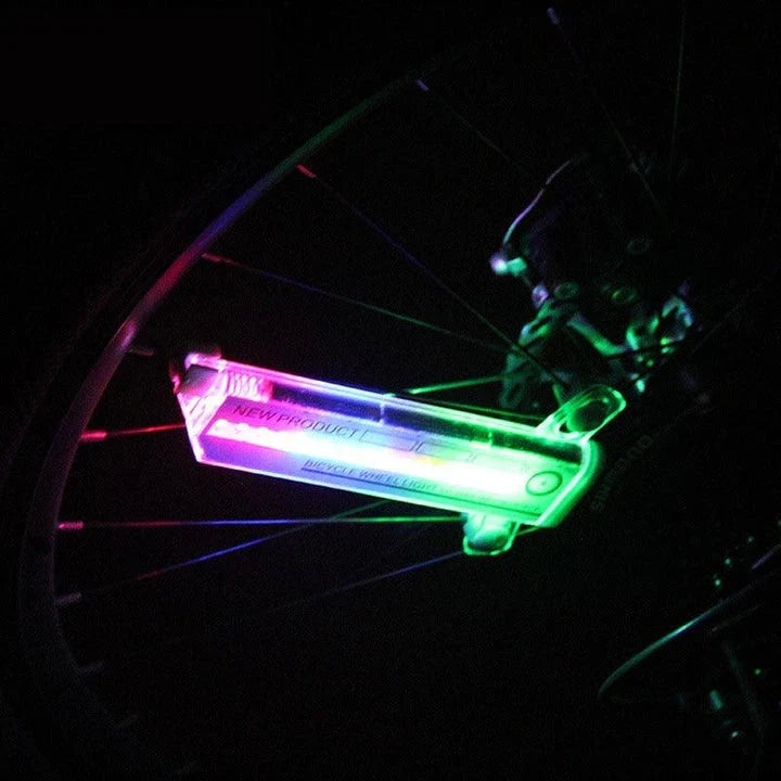 Bicycle Wheel Flashing Light with 32 LED lights in red, blue, and green colours that create a mesmerizing light show
