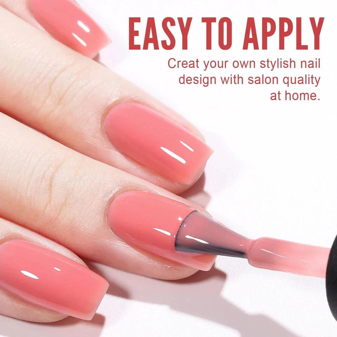 Vibrant jelly strawberry gel nail polish in a 10ml bottle, providing long-lasting, chip-resistant wear for professional-quality nails at home.