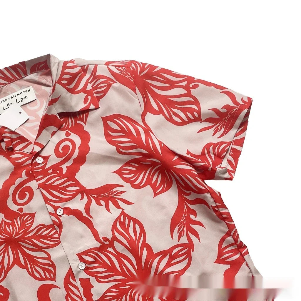 Retro Red Vine Printed Short-Sleeve Shirt for Men - Stylish British Fashion Garment with Vintage Inspired Design