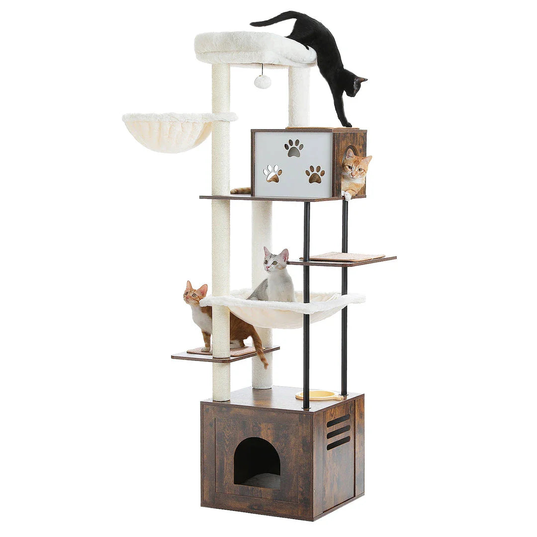 Large multi-level cat tree with spacious condos, hammocks, and sisal scratching posts for cats