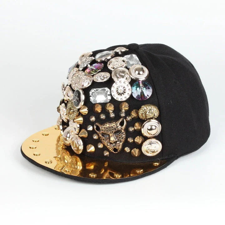 A black baseball cap with a striking skull and leopard print design, featuring adjustable snapback closure for a customized fit.