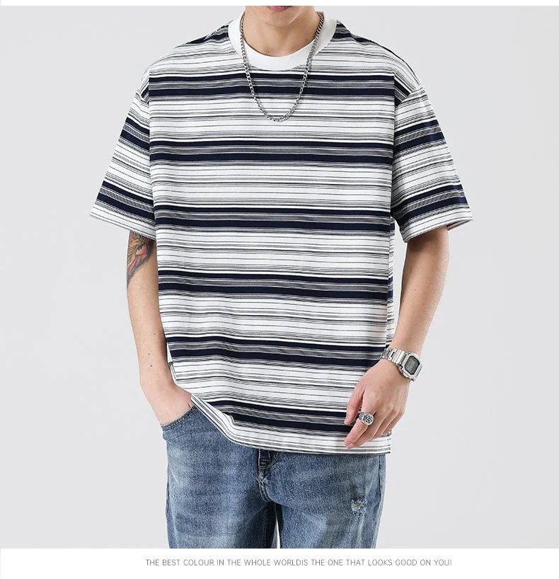 Retro contrast color striped teen t-shirt in navy blue, perfect for casual summer looks