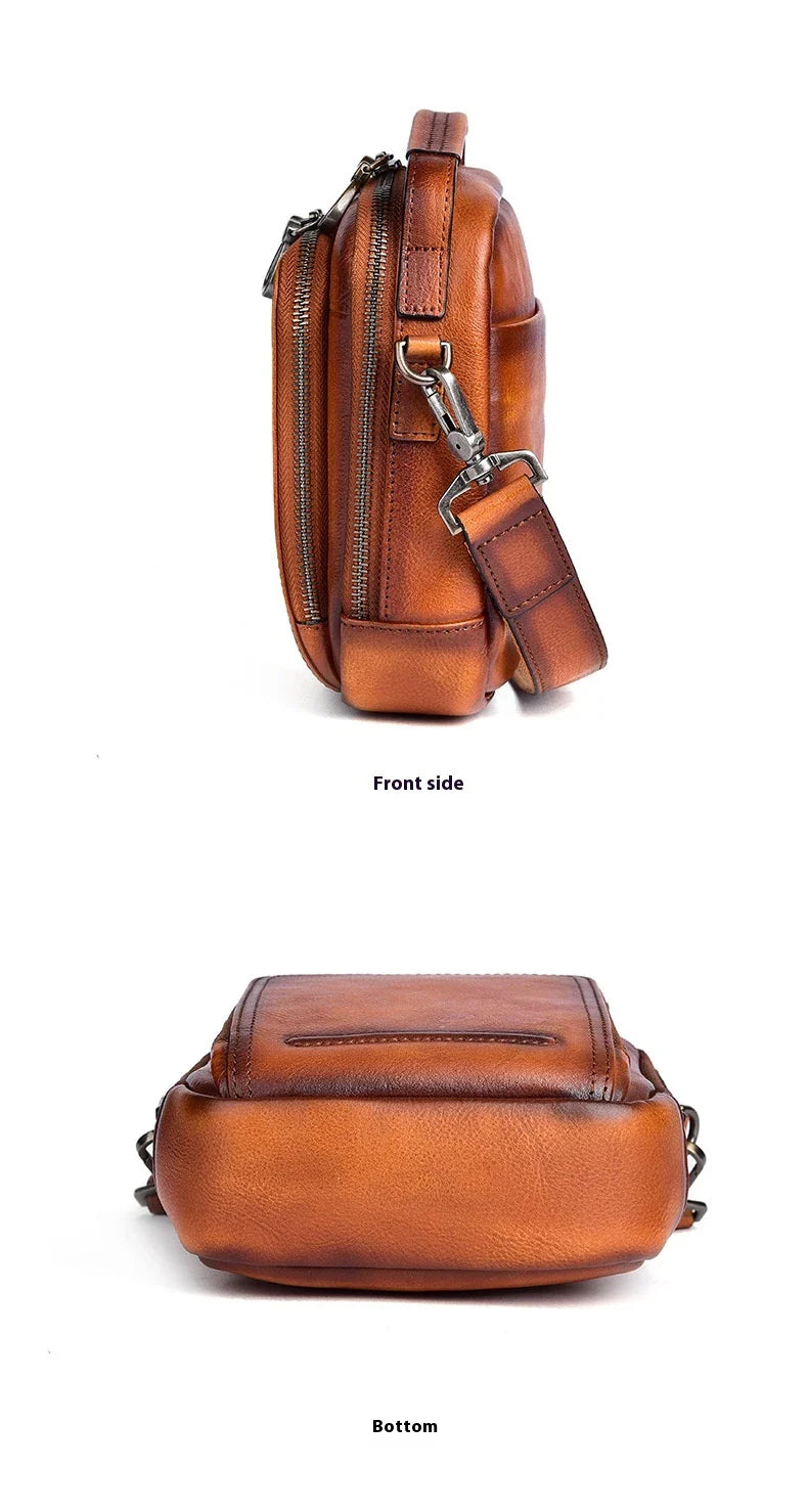 Premium retro leather messenger bag with spacious main compartment, side pockets, and robust handle for comfortable carrying