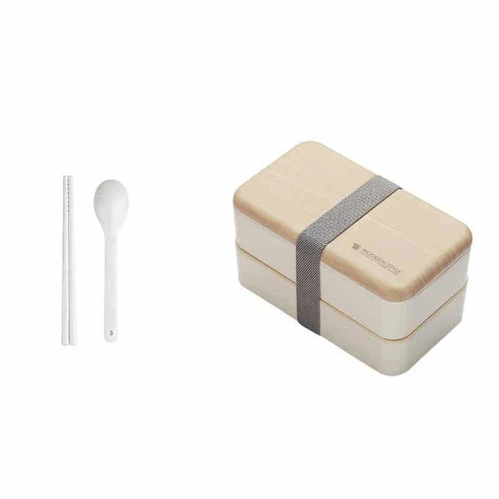 Premium BPA-free double-layer lunch box with stainless steel spoon and chopsticks, perfect for office, picnics, and on-the-go dining