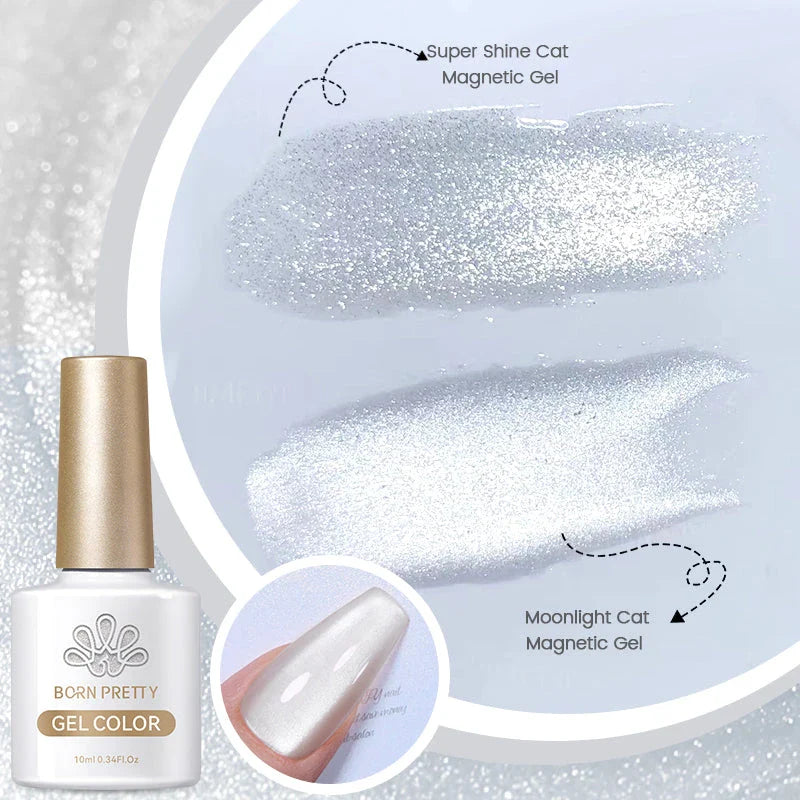 Radiant white light magnetic gel nail polish with sparkling glitter for enchanting, shimmering nail art designs