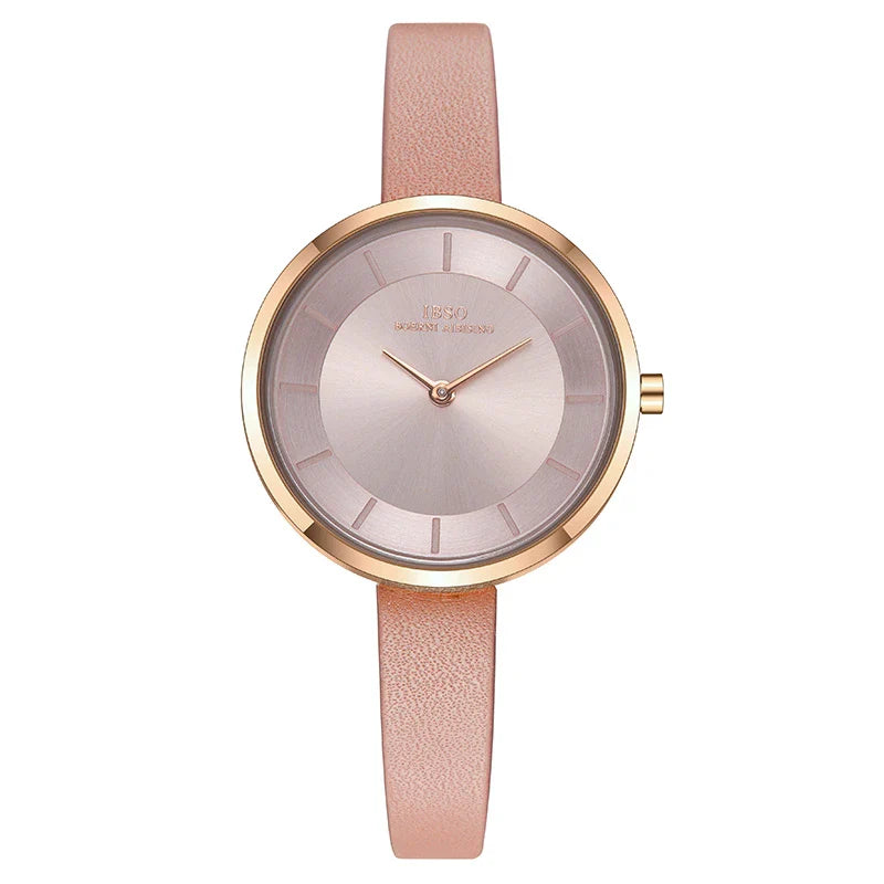 Stylish slim ladies' waterproof watch in various colours, including black, tan, grey, and white, with rose gold or silver accents.