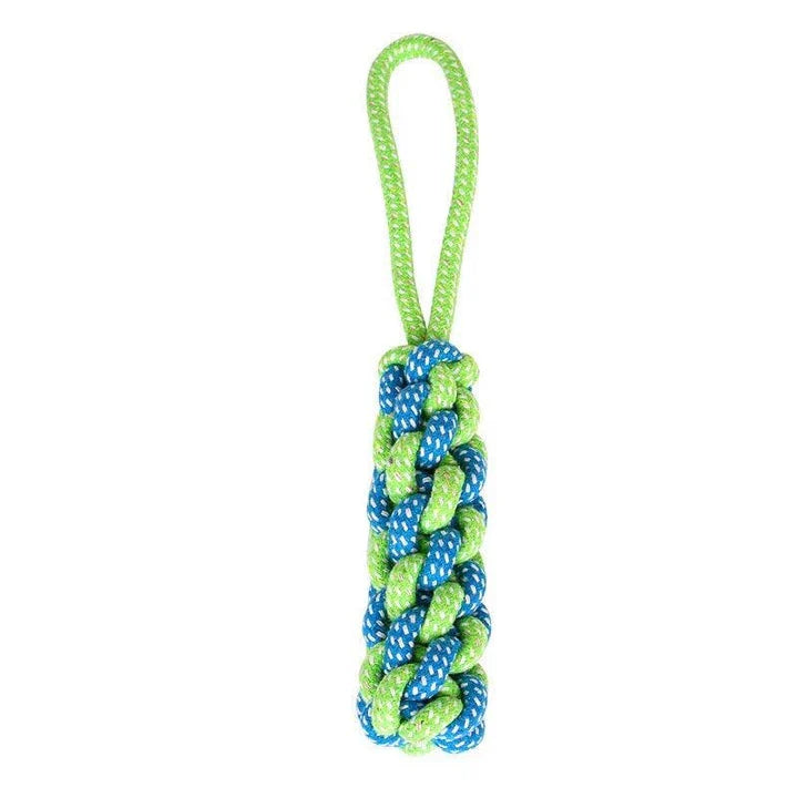 Robust cotton bone-shaped braided toy for dogs, designed to withstand chewing and promote dental health