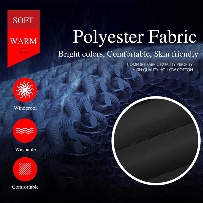A stylish heated jacket with a removable hood, designed for warmth and comfort in chilly British weather.