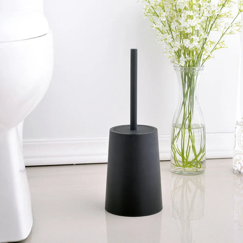 Elegant black toilet brush with stylish lid and base, designed for thorough cleaning and modern bathroom decor