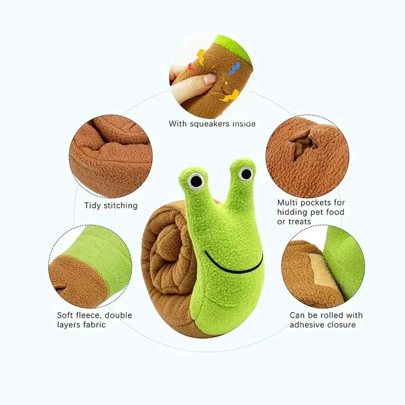 A plush snail-shaped snuffle mat toy with hidden treat pockets, designed to stimulate a dog's natural foraging instincts.