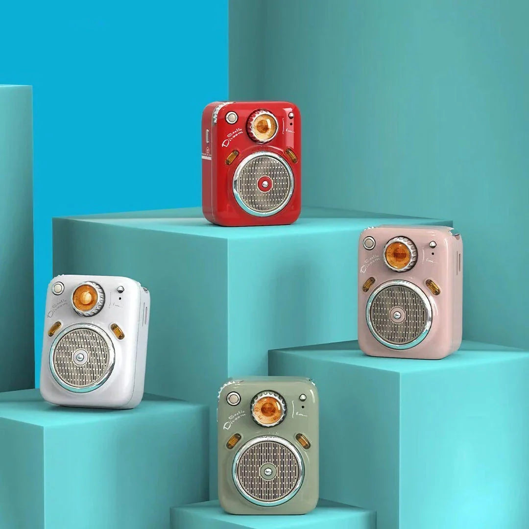 Bluetooth Wireless Mini Portable Retro Speakers in various vibrant colours, inspired by the iconic Beetle car design