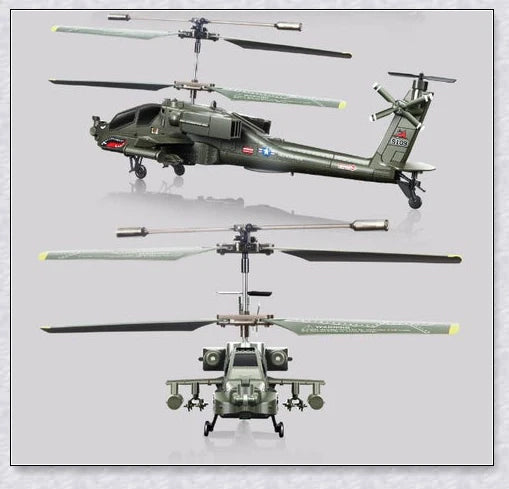 Military-inspired RC helicopter with gyroscope stabilisation and vibrant LED lights for indoor aerial maneuvers and stunts