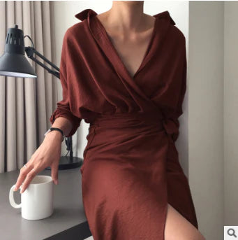 Irregular wrap dress in beige with a unique, contemporary design and premium cotton blend fabric