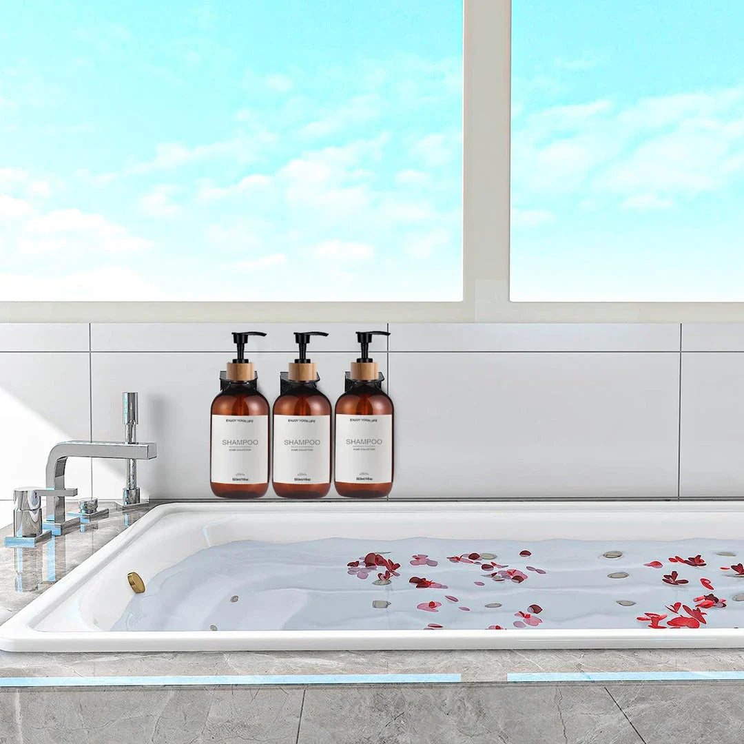Elegant 500ml British soap and shampoo dispensers in various colours, designed to organise and elevate your bathroom space