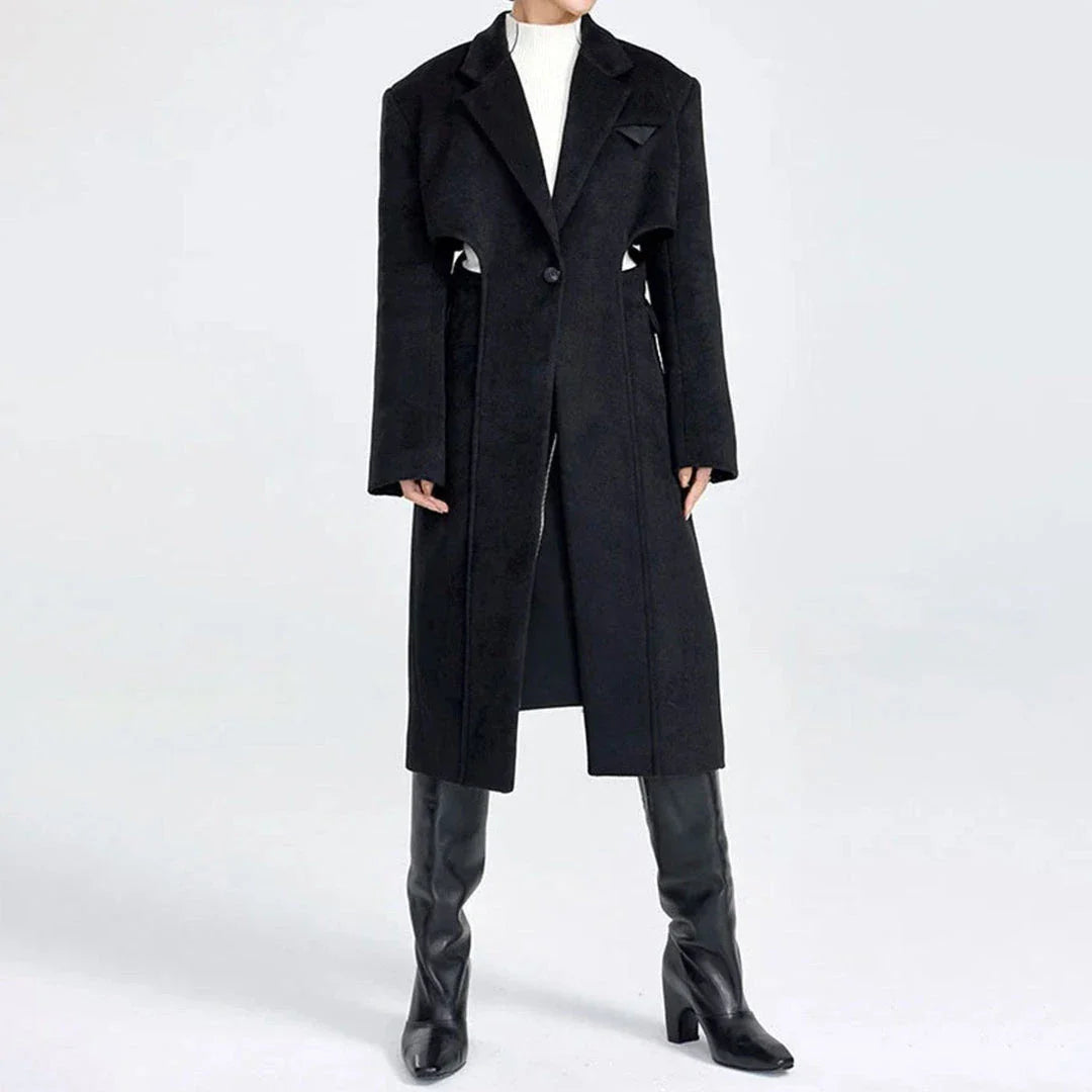 Elegant autumn-winter woollen overcoat with waist cut-out design, turn-down collar, and single-button closure