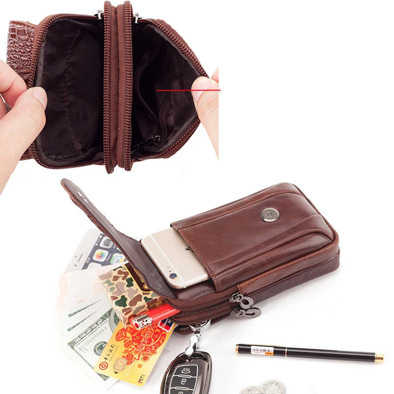 Premium cowhide leather men's mobile phone pouch in vertical design with multiple interior compartments