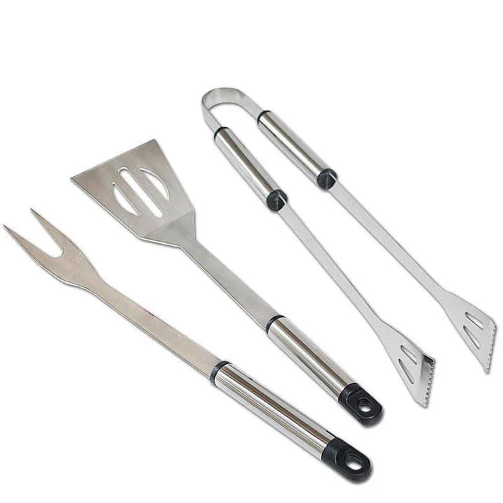 Premium Stainless Steel BBQ Tool Set with Fork, Tongs, and Shovel - Durable, Heat Resistant, and Easy to Clean
