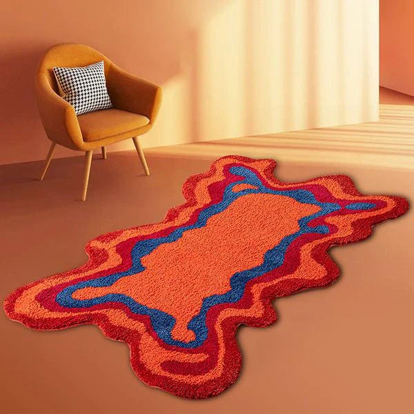 Vibrant 70s retro psychedelic tufted area rug with abstract design, perfect for adding vintage charm and modern style to your home