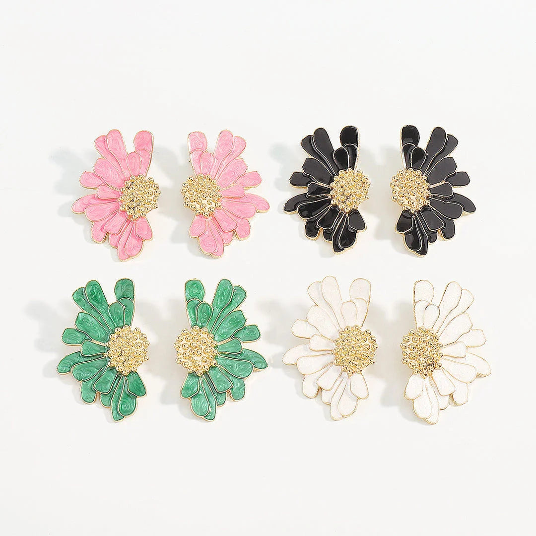 Vibrant, multi-coloured floral petal stud earrings with a blend of bohemian and modern influences