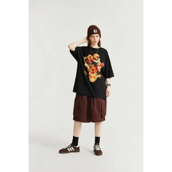 Trendy metallic sunflower print t-shirt in black and khaki colours, made from soft and breathable cotton fabric