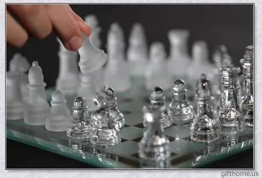 Acrylic Elegant Glass Chess Set with transparent board and frosted/clear glass pieces in small, medium and large sizes