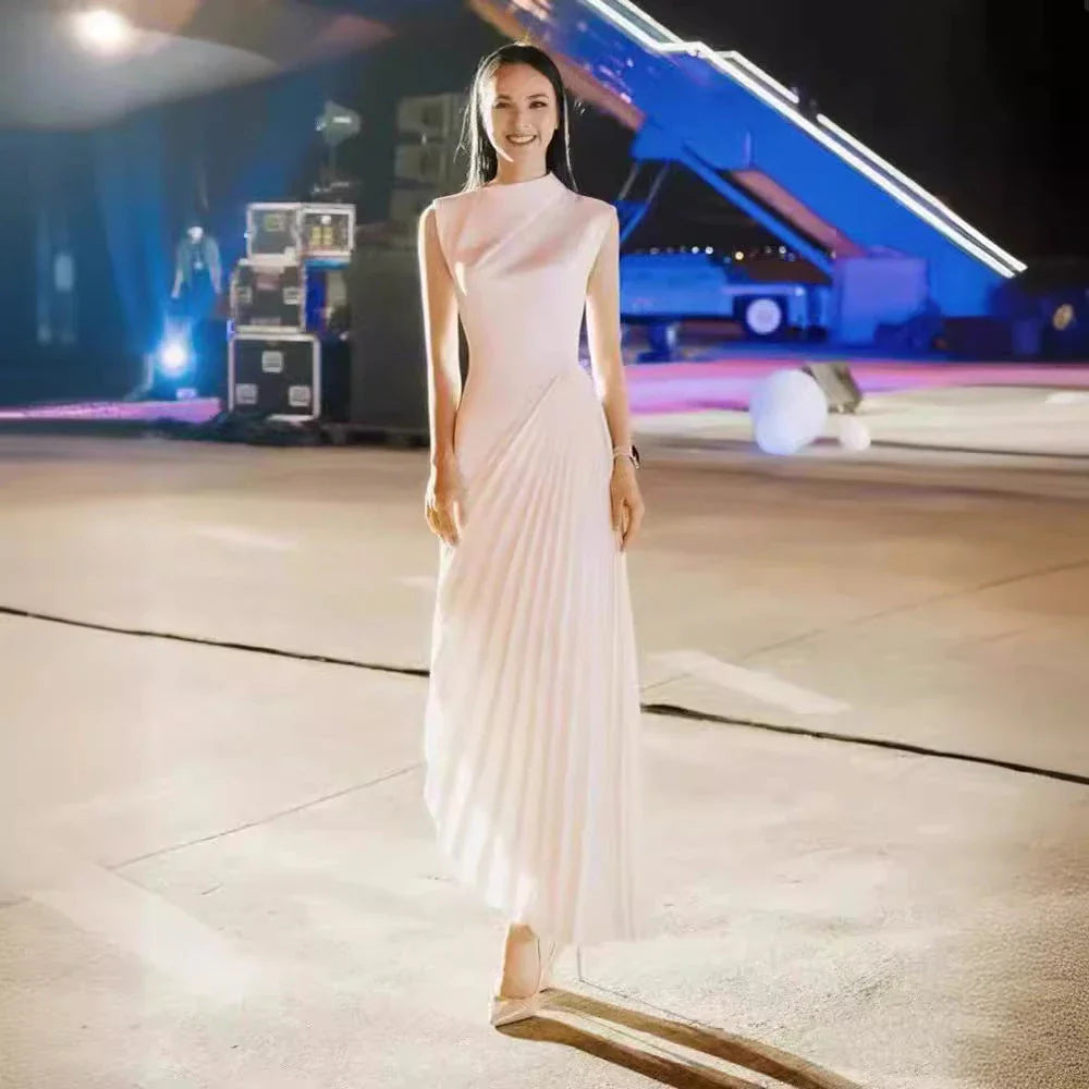 Elegant asymmetric dress with half turtleneck in wine red and milky white colours