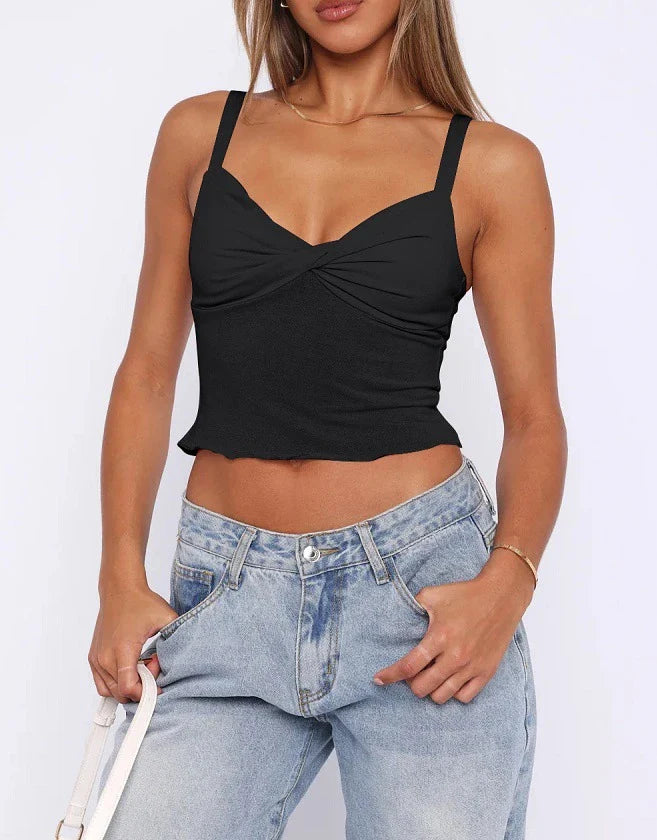 A versatile v-neck camisole top in a modern Y2K style, perfect for summer wear in the UK.