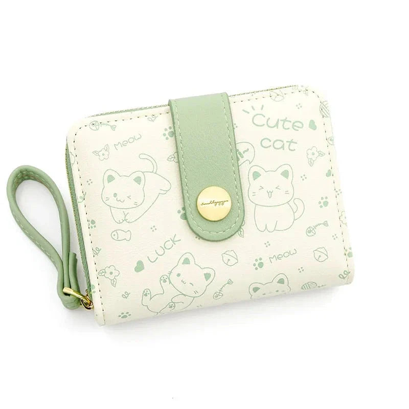 Stylish cat-themed compact wallet with zippered coin pocket, card slots, and key storage