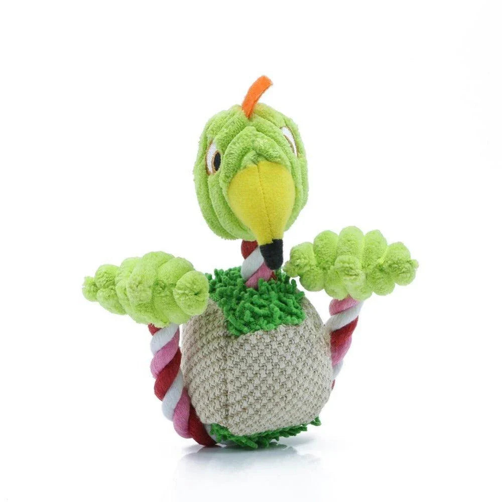 A plush, bird-shaped dog toy in a pink colour. It is designed to encourage chewing and snuggling behaviour in dogs.