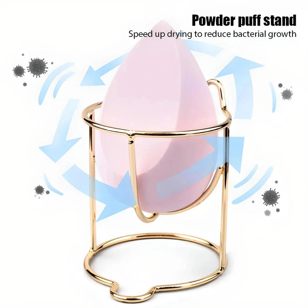 Elegant stainless steel makeup sponge drying rack in gold and rose gold finishes, designed to keep your beauty tools organised and fresh.