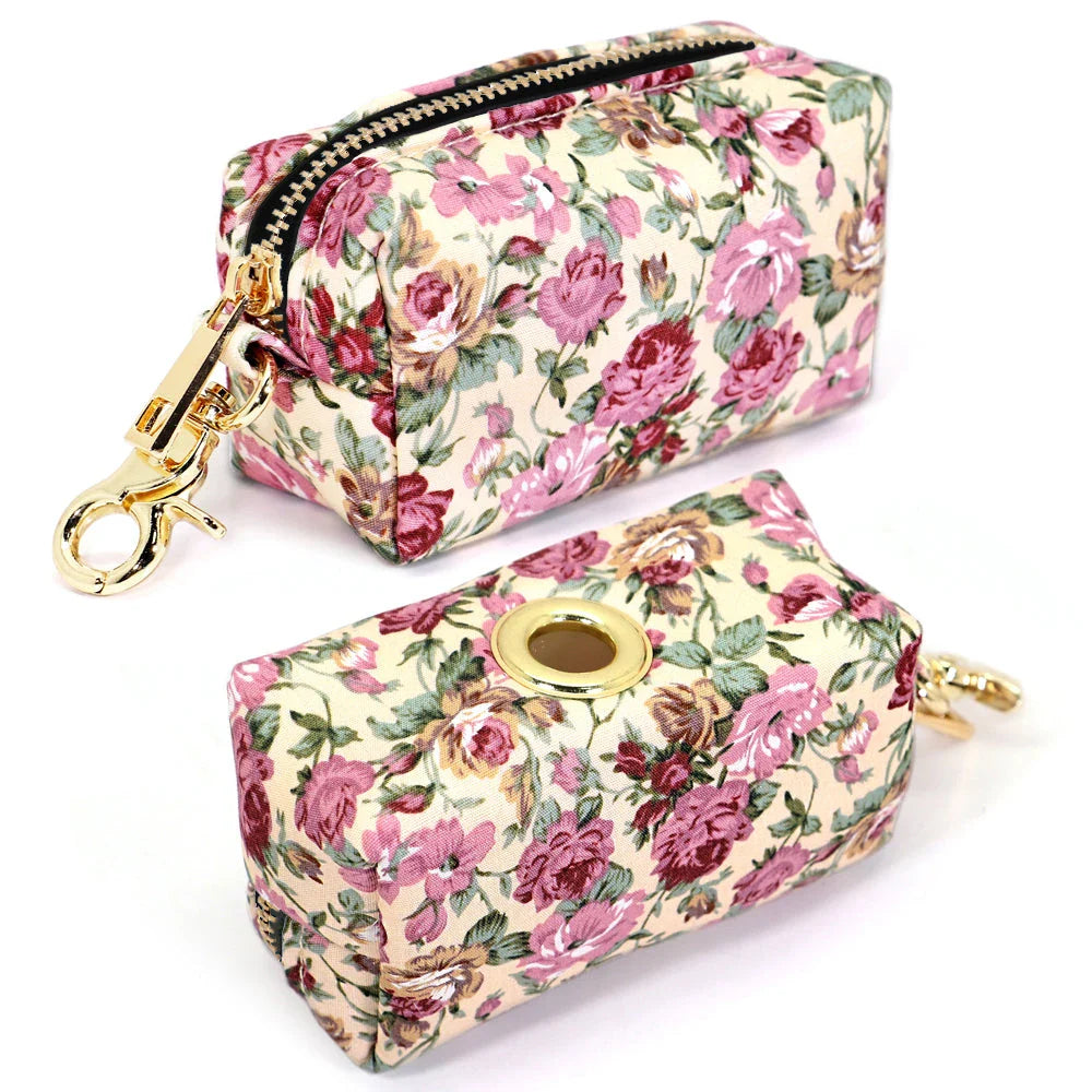 Stylish floral dog walking bag with multiple compartments for treats, snacks, waste bags, and keys