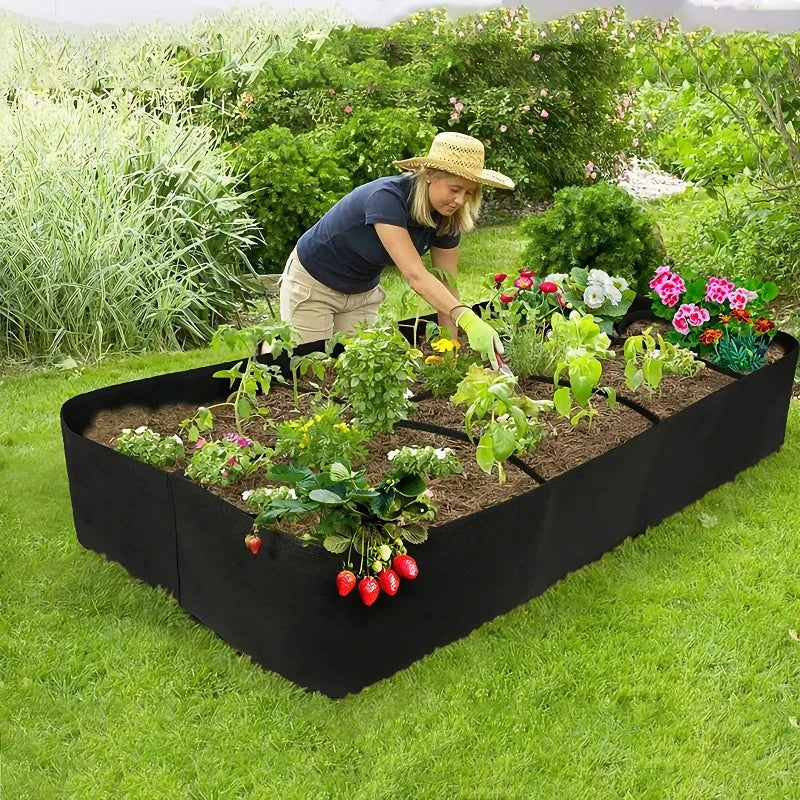 Modular felt raised garden beds with adjustable grid system for growing a variety of plants in small spaces