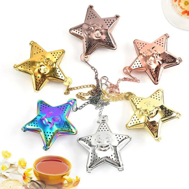 Adjustable stainless steel star-shaped tea infuser for brewing loose leaf tea with hanging mechanism