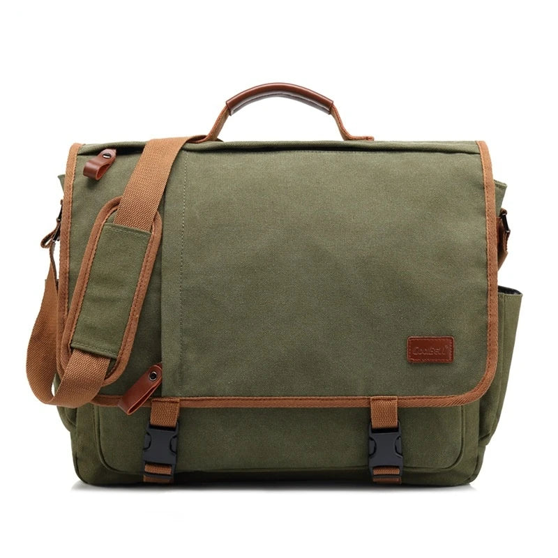 Men's canvas waterproof shoulder bag with 17-inch laptop compartment, durable and weather-resistant design