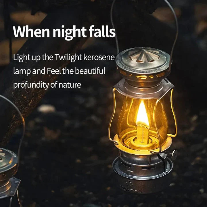 Classic vintage-inspired kerosene camping lamp with stainless steel construction and automatic ignition for reliable outdoor lighting