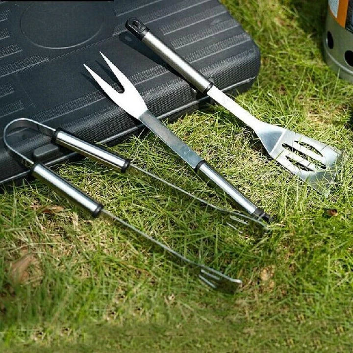 Premium Stainless Steel BBQ Tool Set with Fork, Tongs, and Shovel - Durable, Heat Resistant, and Easy to Clean