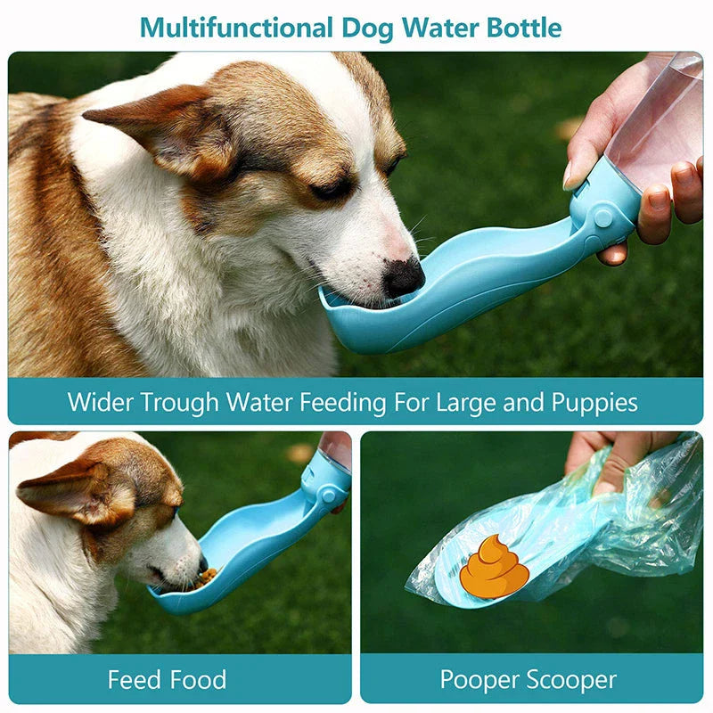 Portable pet water bottle with a wide trough and generous 420ml capacity for hydrating dogs on the go.