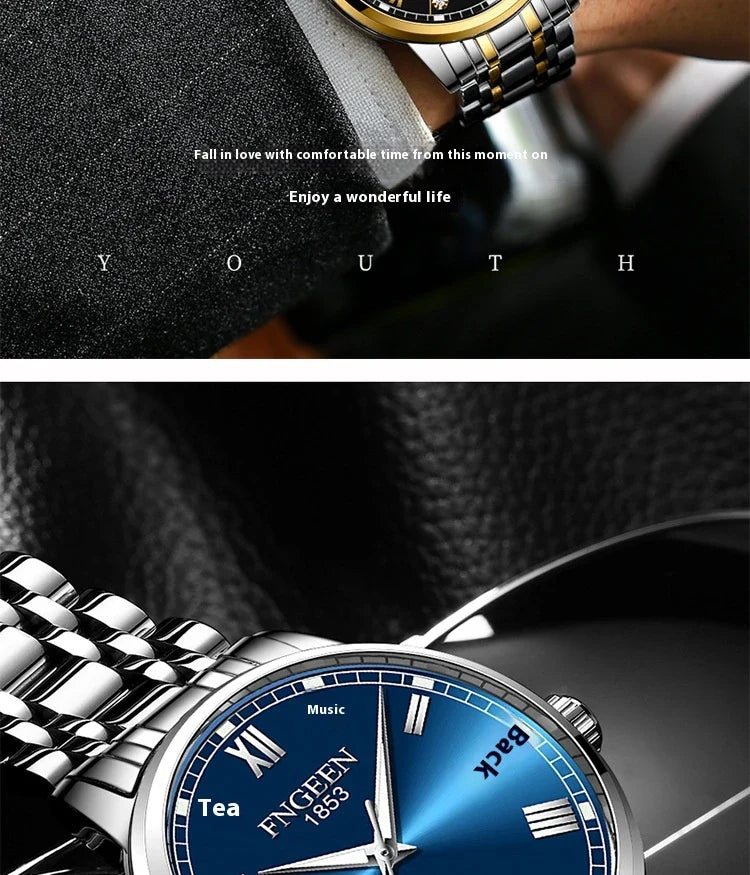 Premium automatic mechanical watch with leather strap, featuring a stainless steel case, luminous hands and markers, and a stylish British-inspired design