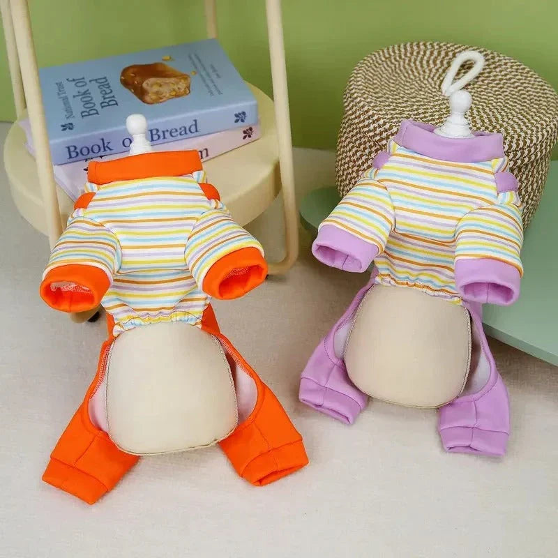 Cosy striped dog jumpsuit pyjamas in various sizes, providing warmth and comfort for your furry friend during the autumn season.