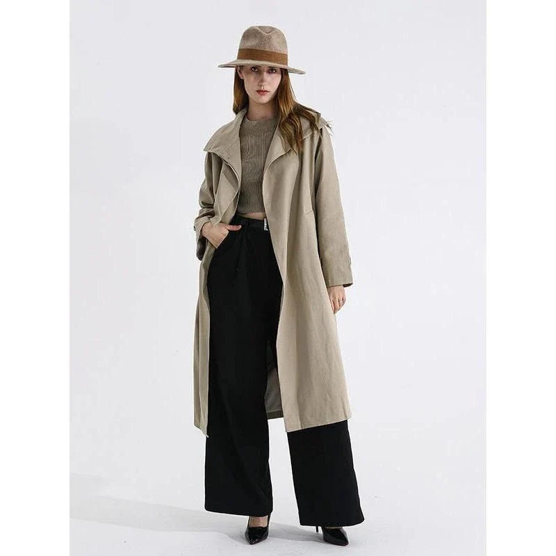 Elegant autumn long trench coat with stand collar and waist bandage in solid pattern and sleek design